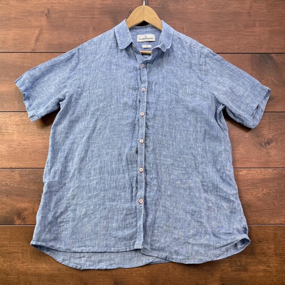 Europann Saint-Tropez Mens Blue Linen Short Sleeve Button Down Shirt Size 3 (L)
